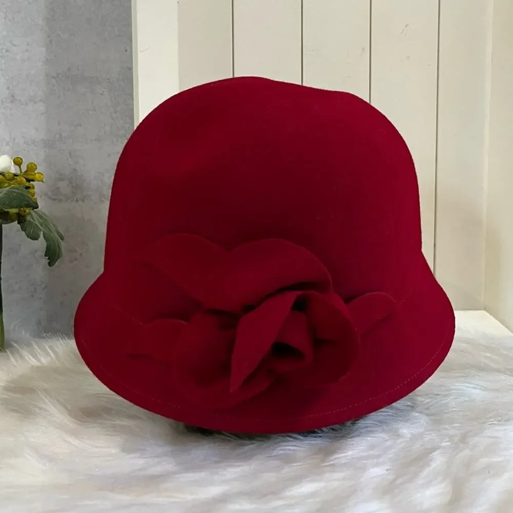 NEW Charter Club Wool Gatsby Cloche Bucket 1920’s Rose Winter Hat Red OS NWT